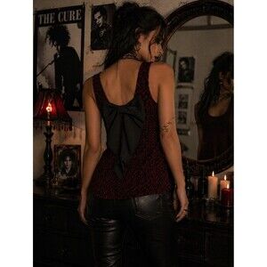 Y2K VTG The Buckle DayTrip S Sparkle Tank Top USA Deep Red Black Bow Babydoll